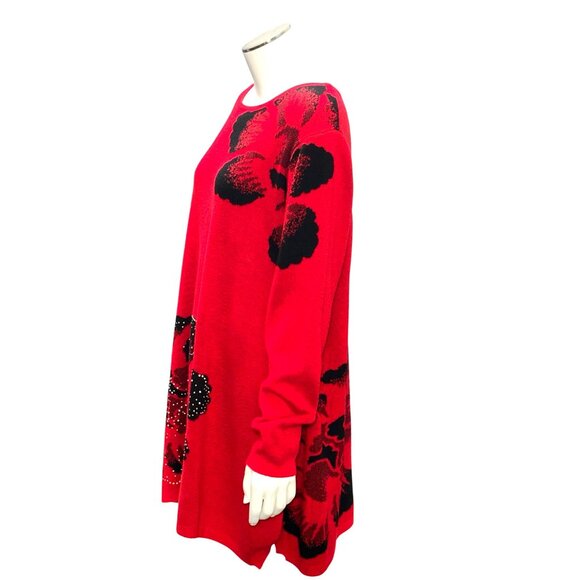 CCC Spring Pullover Stretch Loose Red Black Floral Sweater Dress Rhinestones LGE - Picture 2 of 8